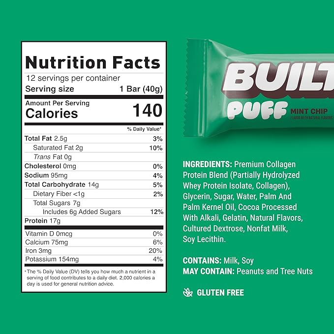 Built Bar, Puff Protein Bars, Mint Chip Puff, 17g Protein Snacks, On-The-Go Bars, Only 140 Calories, 6g Sugar, Collagen, Gluten Free, 12 Count