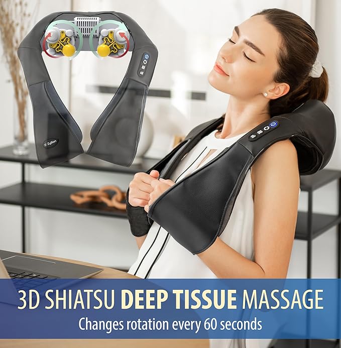 Zyllion Shiatsu Neck and Back Massager with Heat - Cordless Rechargeable 3D Electric Kneading Deep Tissue Massage for Muscle Pain Relief, Black, ZMA-28RB