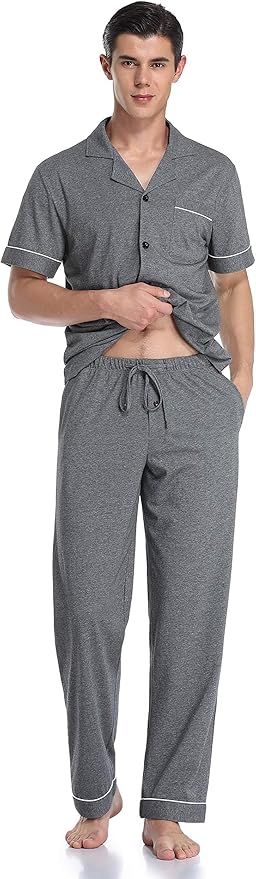 COLORFULLEAF Men's 100% Cotton Pajamas Set Button Down Sleepwear Short Sleeve and Long Pants Pjs