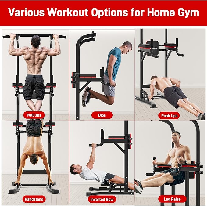 Outdoor Basic Power Tower, Pull Up Bar and Dip Station for Home Gym, 1600LBS Weight Capacity, Adjustable Height, Heavy Duty Steel Frame for Calisthenics, Strength Training Fitness Equipment