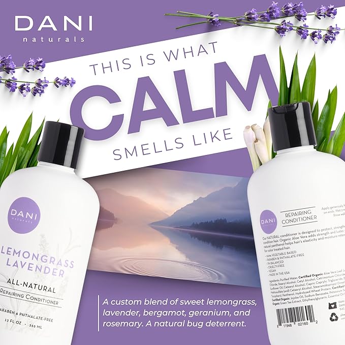 DANI Naturals Conditioner – Lemongrass Lavender, Hydrating & Repairing, Soothes Scalp Redness & Dryness, Reduces Dandruff, Color-Safe & Vegan, 12 oz