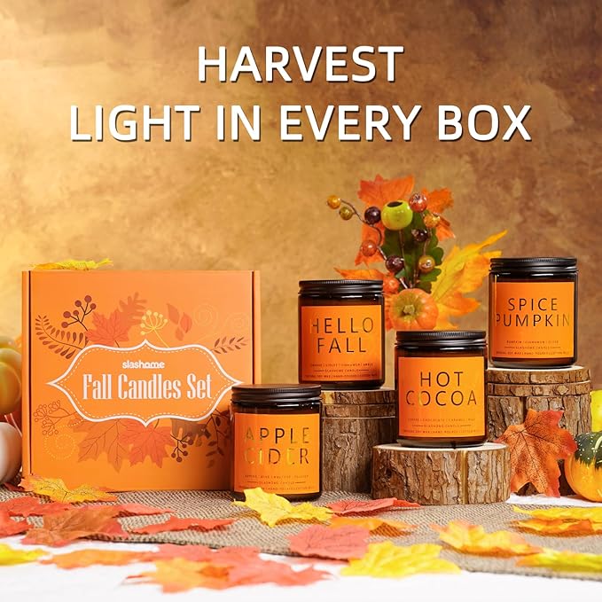 Fall Candles Set | 4 Pack Candles for Home Scented Natural Soy Wax, Autumn Gifts Set for Women Men, Fall Fragrance of Hellofall, Spice Pumpkin, Apple Cider, Hot Cocoa