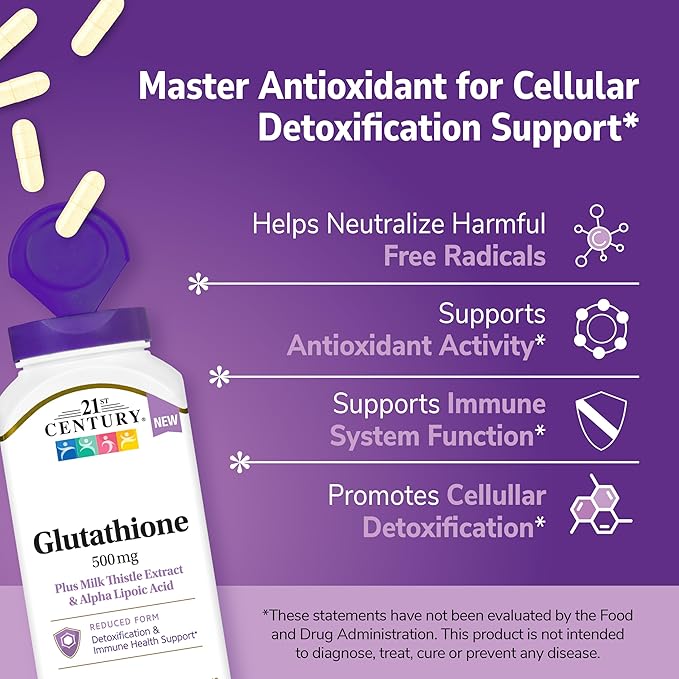 21st Century Glutathione 500 mg Plus Milk Thistle Extract & Alpha Lipoic Acid Capsules (120 Count), Reduced Form, Combats Harmful Radicals, Supports Cellular & Immune Health, Non-GMO, Gluten-Free