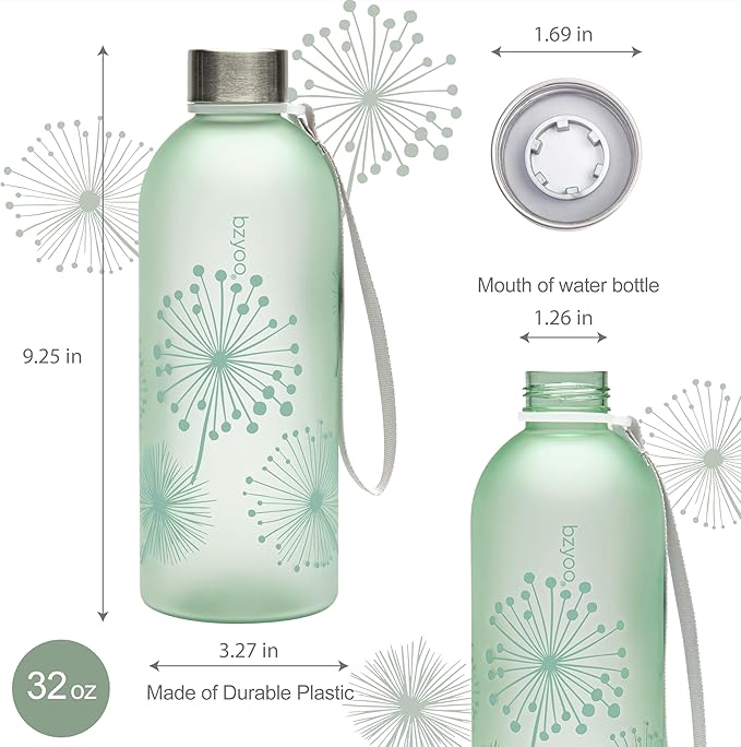 bzyoo 32oz 1 Liter Clear Water Bottle with Time Marker, Dandelion Design, Durable Plastic, BPA-Free, Reusable with Measurement Markings for Fitness and Outdoor Activities (Color: Green)