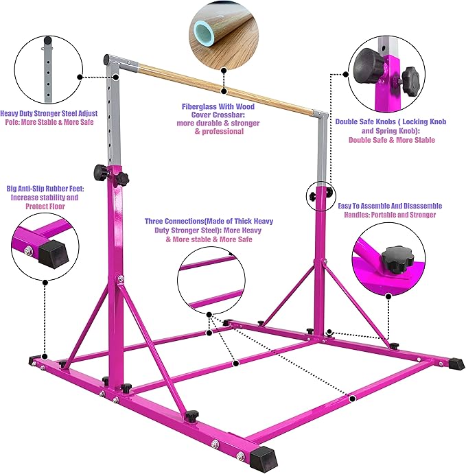Gymnastic Bar for Kid and Teenage Ages 3-25, 5 FT / 6 FT Base Length, 5 FT / 6 FT Height, Gymnastic Kip Bar Horizontal Bar for Gymnast, Gymnastic Training Equipment for Home and Club Use