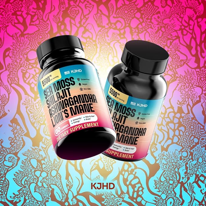 KJHD 2 Pcs Shilajit Ashwagandha Gummies with Sea Moss, Beet Root, Lion’s Mane Mushroom & Black Seed Oil – Organic Herbal Superfood Supplement – 120 Vegan Gummies