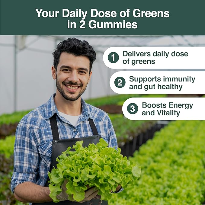 Daily Greens Plus Gummies - Superfood Blend with Chlorella, Spirulina, Beetroot, Lion’s Mane, Ashwagandha & Reishi for Energy, Stress Relief & Wellness - Raspberry Flavored - 60 Count