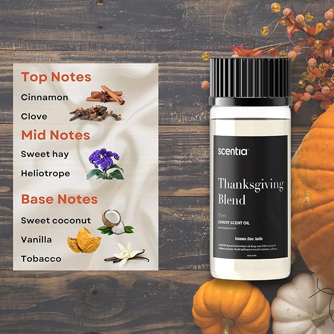 Scentia Thanksgiving Blend Essential Oil – 50ml Holiday Aromatherapy with Cinnamon, Clove, Vanilla & Coconut | Fall Diffuser Oil for Home, Gifting, Candles & DIY Soaps