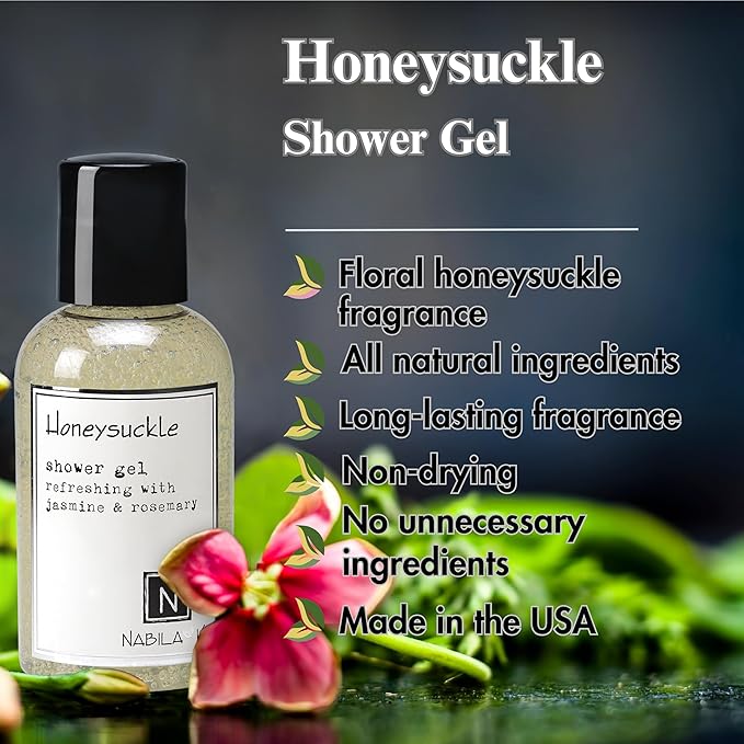 Nabila K Honeysuckle Shower Gel, Travel Size Refreshing Body Wash with Jasmine & Rosemary, 2 oz - Naturally Derived, Sulfate-Free, Paraben-Free - Made in the USA