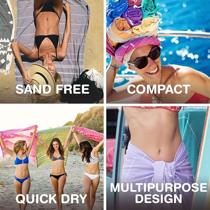 Oversized Turkish Beach Towel 38’’x71’’ - Set of 4 | 100% Turkish Cotton Lightweight Sand Free Quick Dry Pool Towels | Extra Large Bath Towels for Adults Beach Blanket Essentials