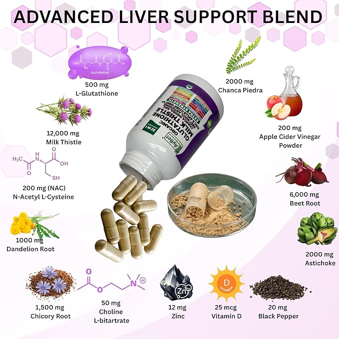 Glutathione NAC Milk Thistle Supplement | Liver Health Support | 32-in-1 Herbal Antioxidant Formula with Chanca Piedra, Turmeric, Dandelion Root, Beet Root & Zinc | Halal Vegan Organic Daily Wellness