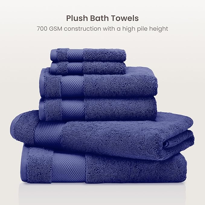 BIOWEAVES 100% Organic Cotton Bath Towel Set | 700 GSM Plush 6-Piece Premium Towel Set GOTS Certified, 2 Bath Towels, 2 Hand Towels & 2 Washcloths - Navy Blue