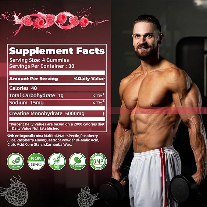 Nutravita Creatine Monohydrate Gummies for Men & Women-5g of Creatine Monohydrate per Serving - Sugar Free,Vegan, Raspberry Flavor, 120 Count