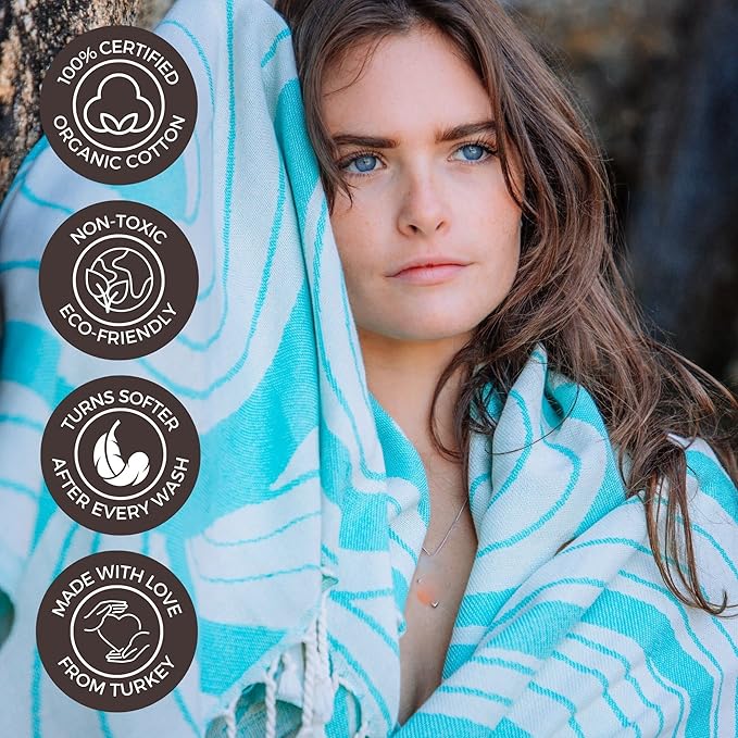 FESHKA Sand Proof Turkish Beach Towel – Oversized, Quick Dry & Lightweight Travel Towel - 100% Organic Cotton Beach Blanket - Perfect for Bath, Pool & Picnic | Summer Waves (Turquoise)