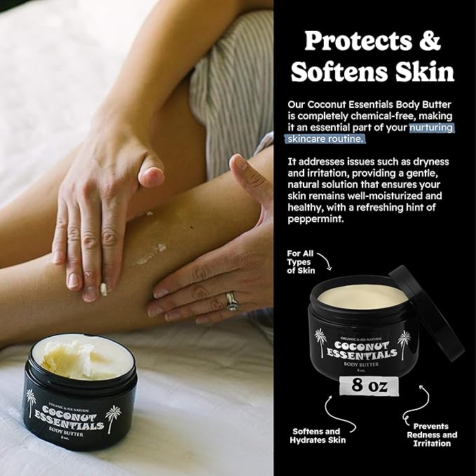 Coconut Essentials - Moisturizing Body Butter, Gluten and Paraben Free, with Coconut Oil, Peppermint, Vitamin E, Shea Butter, Almond, and Sunflower Oil, Body Lotion for Beautiful & Glowing Skin, 8 oz