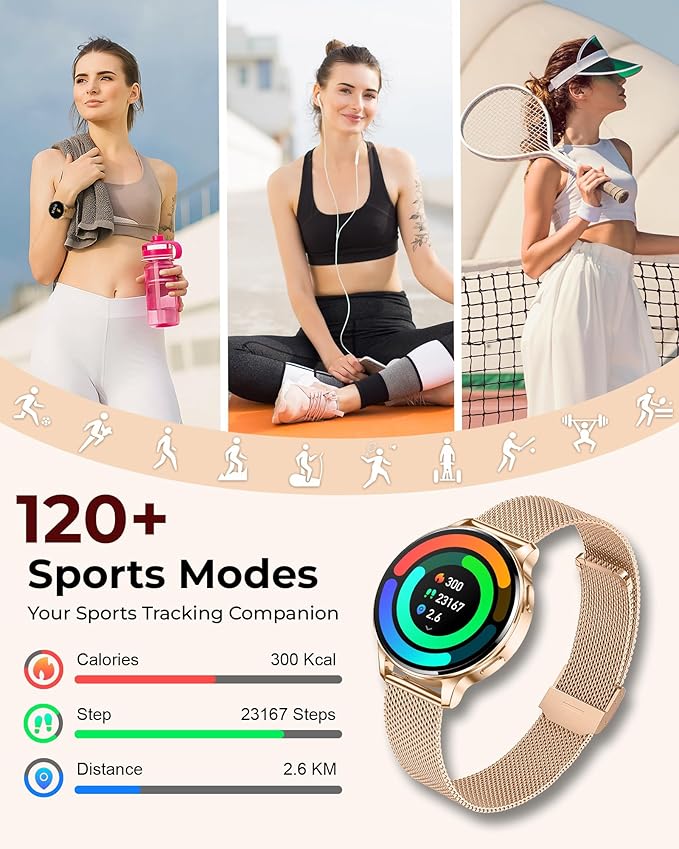 Smart Watches for Women, 1.27″ AMOLED Fitness Tracker with Heart Rate SpO2 Sleep Monitor, 3 Bands, 120+ Sport Modes, Call & Notifications, Smartwatch for Android & iPhone Compatible, 40 mm Rose Gold