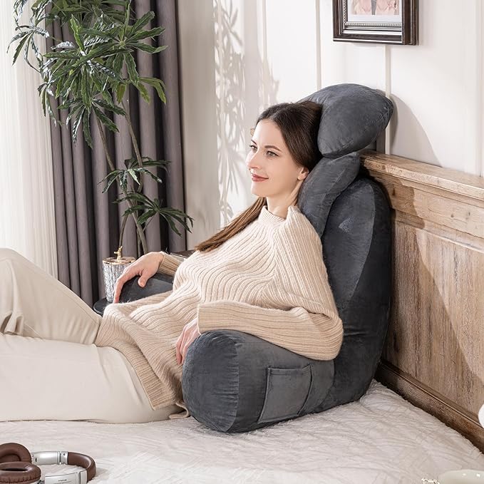 NOONTIDE Reading Pillow for Sitting up in Bed and Couch,32" X-Large Back Pillow for Adult & Teens with Soft Adjustable Neck Roll Backrest Pillow,Washable Cover,Watching TV/Gaming/Relaxing(Darkgrey)