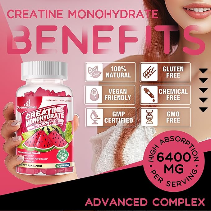 Creatine Monohydrate Gummies Complex for Men & Women -Advanced Formula W/L-Taurine + Vitamin B12, Sugar Free Chewable Supplement,90 Watermelon Gummies