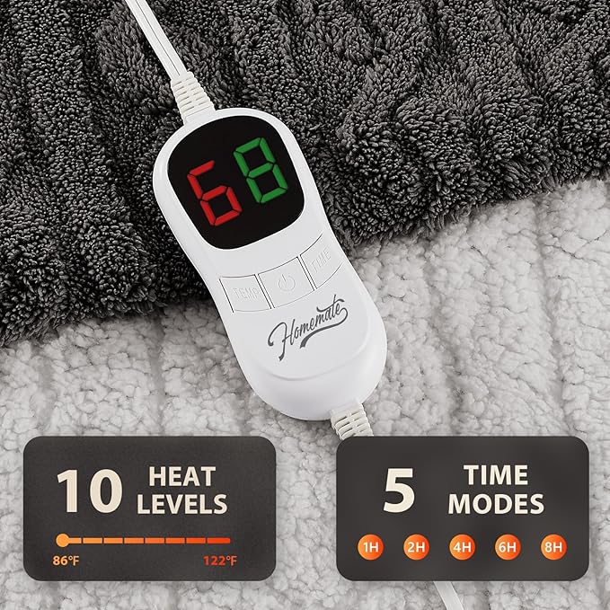 Homemate Electric Heated Blanket Full - 72"x84" Heating Bed Blankets Throw with 10 Heating Levels 8 Hours Auto Off Fast Heating Over-Heated Protection Ultra Soft Warm Flannel ETL Certified