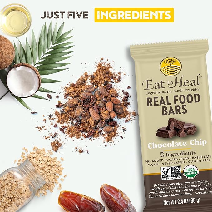 EatToHeal Chocolate Chip Real Food Bar - Organic Vegan Healthy Gluten Free Protein Bars - Low Sugar Meal Replacement Bar, Non GMO, Never Baked, Plant Based - Crafted to Enjoy, Not Sit on Shelves