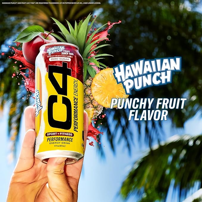 C4 Energy Drink, Hawaiian Punch Fruit Juicy Red, Carbonated Sugar Free Pre Workout Performance Drink with no Artificial Colors or Dyes, 16oz Pack of 24
