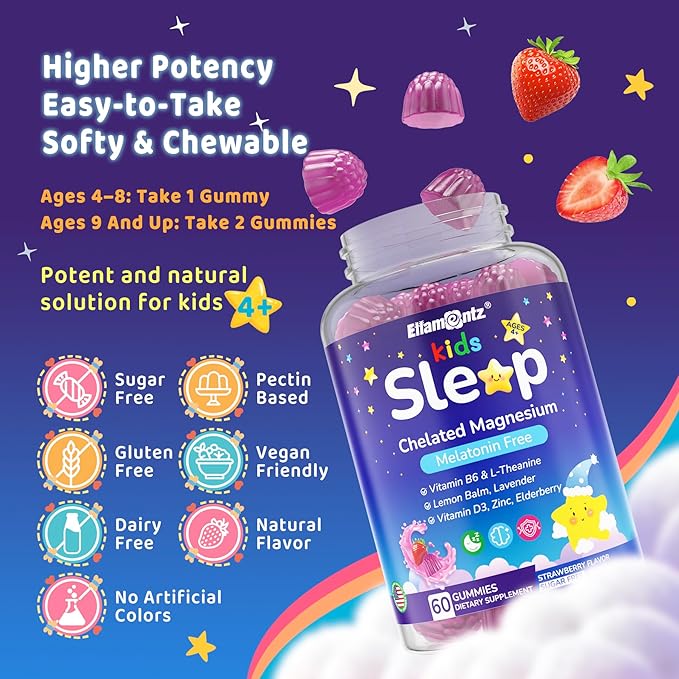 Kids Sleep Gummies, NO Melatonin Sleep Aid Gummies w/Magnesium Glycinate, Magnesium Malate, L-Theanine, Lavender, B6, Zinc, D3K2 for Restful Sleep, Relax Brain & Muscle, Immune Support, Non-GMO 1Pack