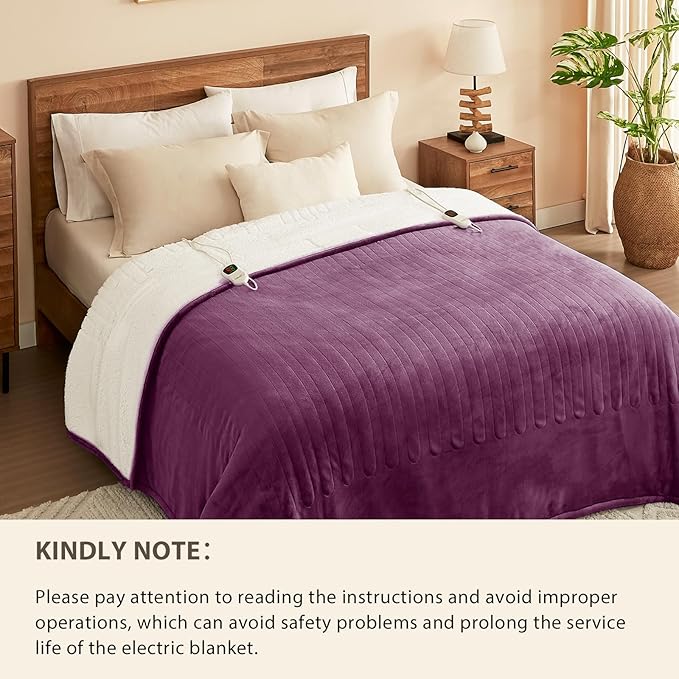 Homemate Electric Heated Blanket King - 100"x90" Heating Bed Blankets Throw with 10 Heating Levels 8 Hours Auto Off Fast Heating Over-Heated Protection Ultra Soft Warm Flannel ETL Certified Purple