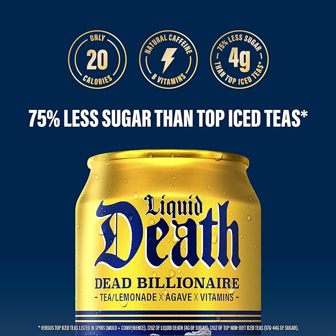 Liquid Death, Dead Billionaire Iced Tea, 12-Pack (12 oz Cans), Half Lemonade Half Black Tea, Low Calorie, No Artificial Sweeteners, B12 & B6 Vitamins