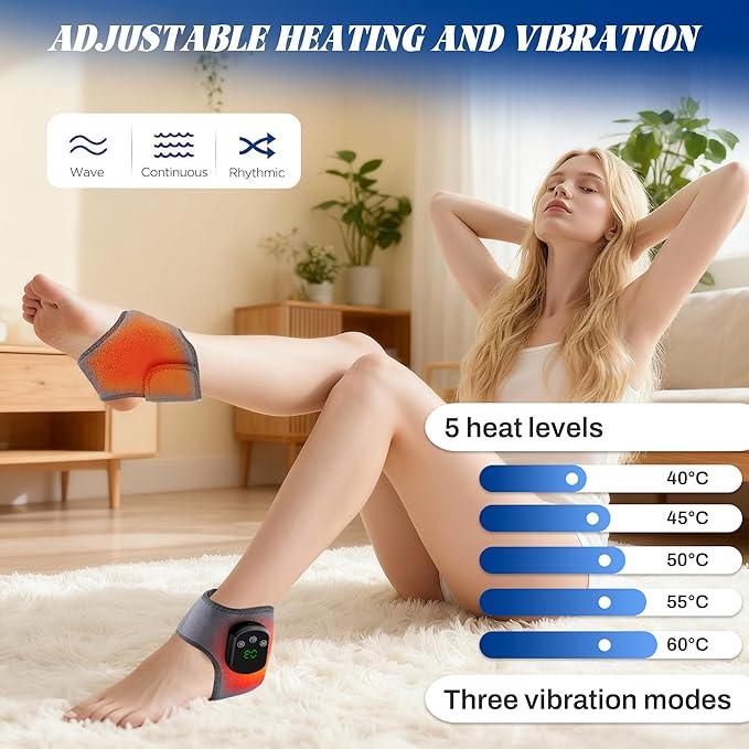 Emesak Portable 3-in-1 Foot and Ankle Massager with Heat, USB Rechargeable Ankle Heating Pad, 5 Heat Levels, 3 Vibration Modes for Home/Office/Travel