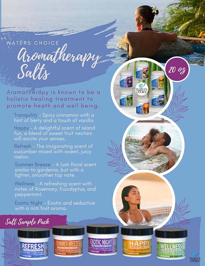 Waters Choice Aromatherapy Spa Salts Sample Pack. Let Spicy Peppermint, Delicious Fruit nectars and Warm Cinnamon Vanilla Relax and Refresh You. Six scents to Delight Your Senses.