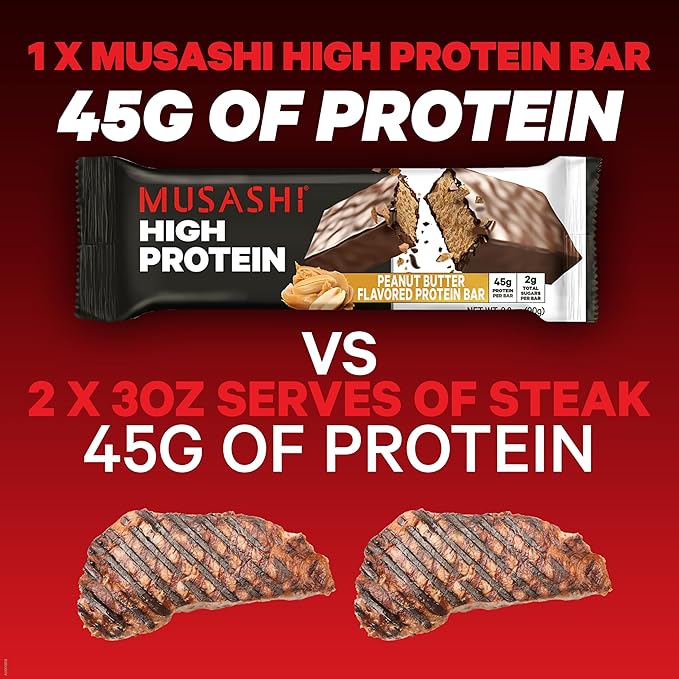 MUSASHI High Protein Bar, 45g Protein, 2g Total Sugars, Cookies & Cream, Post Workout and Protein Snack On The Go, 12 Pack of 3.2oz (90g) Bars