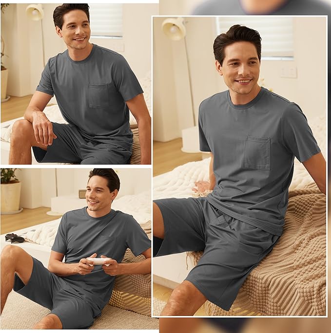 BAMBOO COOL Mens Pajama Set Summer Pjs Sleepwear Short Sleeve Shirts Soft Lightweight Sleep Sets with Pockets S-2XL