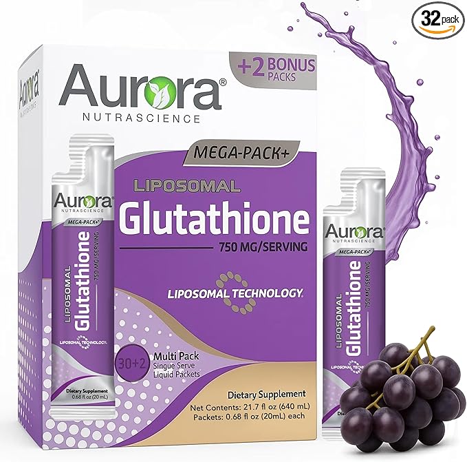 Aurora Nutrascience Mega-Liposomal Liquid Glutathione, Immune & Antioxidant Gut Health Support Supplement, 750 mg per Serving, Non-GMO, Sugar-Free, 32 Single Serve Packets