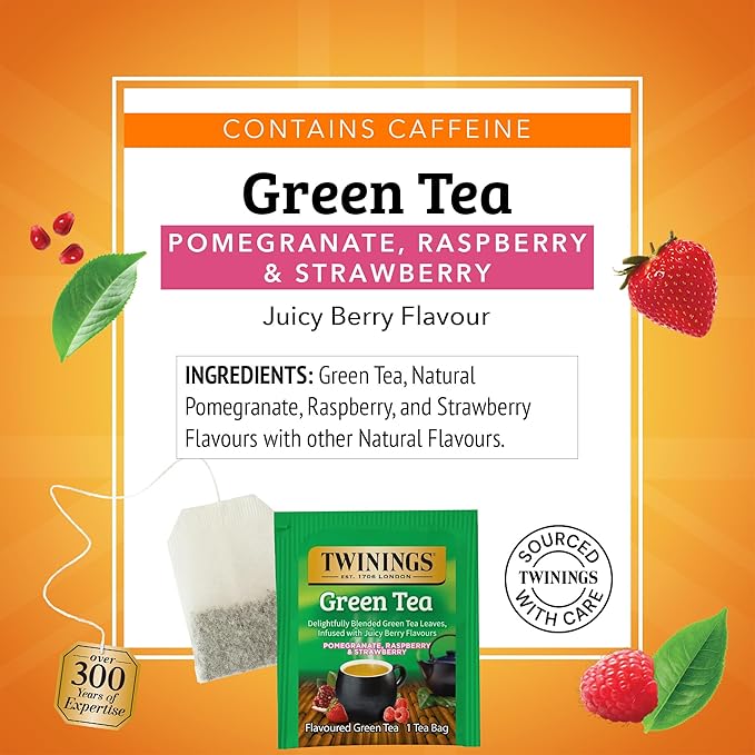 Twinings Green Tea with Pomegranate, Raspberry, & Strawberry Individually Wrapped Bags, 20 Count (Pack of 6), Caffeinated, Enjoy Hot or Iced, 120 Teabags