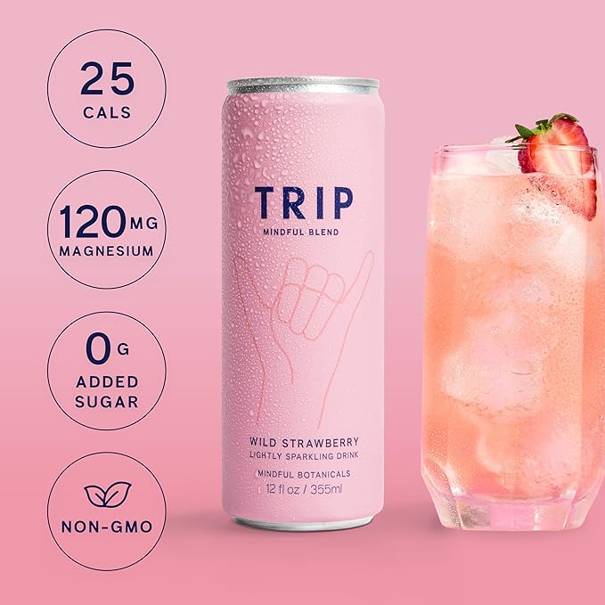 Trip Drink Mindful Blend, Lightly Sparkling Adaptogen Seltzer, Adaptogen Drink 120 MG Magnesium Citrate with Ashwagandha, Lions Mane & L Theanine, No Added Sugar, Low Calorie, Vegan, Wild Strawberry, 12 Oz, 12Pk