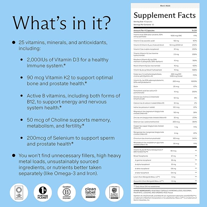 Needed. Multivitamin for Men - 25 Optimal Nutrients for Fertility & Men's Health - Mens Multivitamin with Vitamin D3 2000IU, B12 Vitamins, 200 MCG Selenium - Men's Fertility Supplement, 30 Day Supply