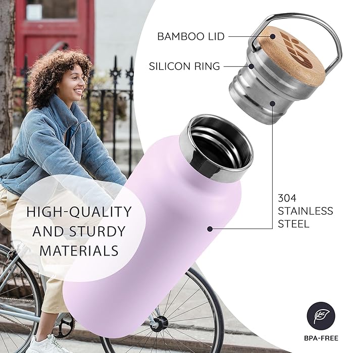 Bambaw Insulated Water Bottle 16 oz, Lavender Water Bottle Stainless Steel, Metal Water Bottle for Travel, Hot Water Bottle, Stainless Steel Water Bottle – Lavender Haze