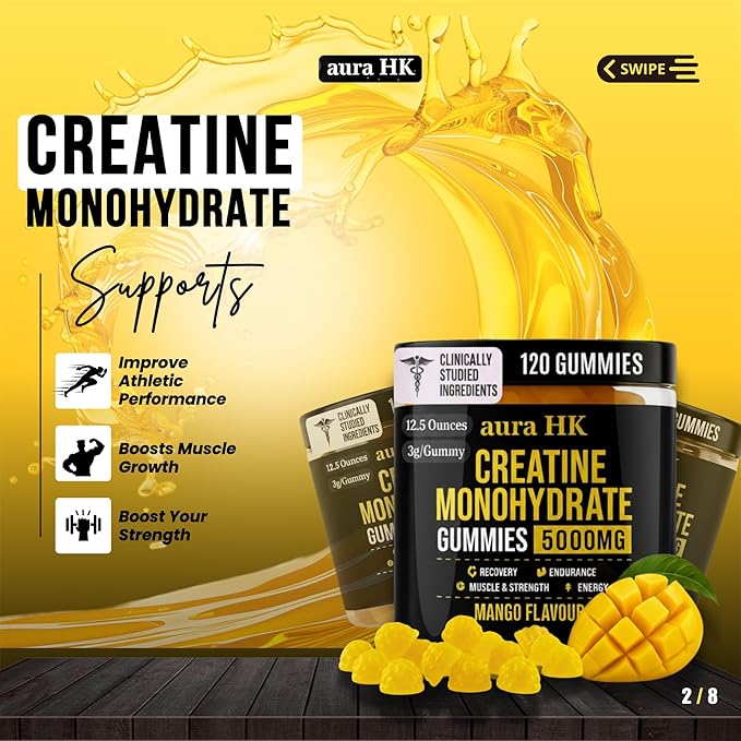 Creatine Monohydrate Gummies 5000mg 120 Count Sugar Free for Men & Women - Mango Flavor Vegan Creatine Supplement for Muscle Strength, Energy, Endurance & Workout Gummies