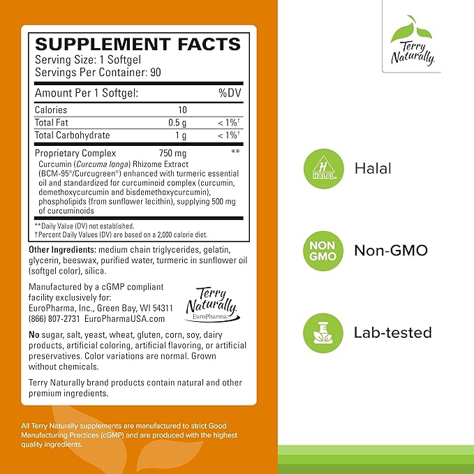 Terry Naturally CuraMed 750 mg - Antioxidant Supplement for Brain & Heart Health Support - Supplement with High-Potency Curcumin Complex - Kidney, Liver & Immune Health Support - 90 Softgels (1 Pack)