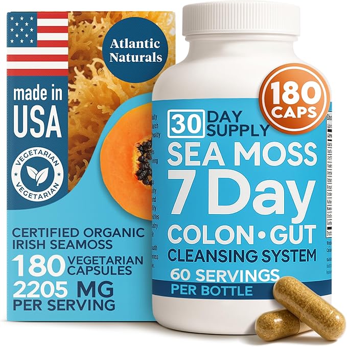 Atlantic Naturals Sea Moss 7-Day Colon & Gut – with Psyllium Husk Senna Powder, Golden Flax, Turmeric & Herbs for Digestive Health, Bloating, & Natural Flushing for Women & Men - 180 Capsules.