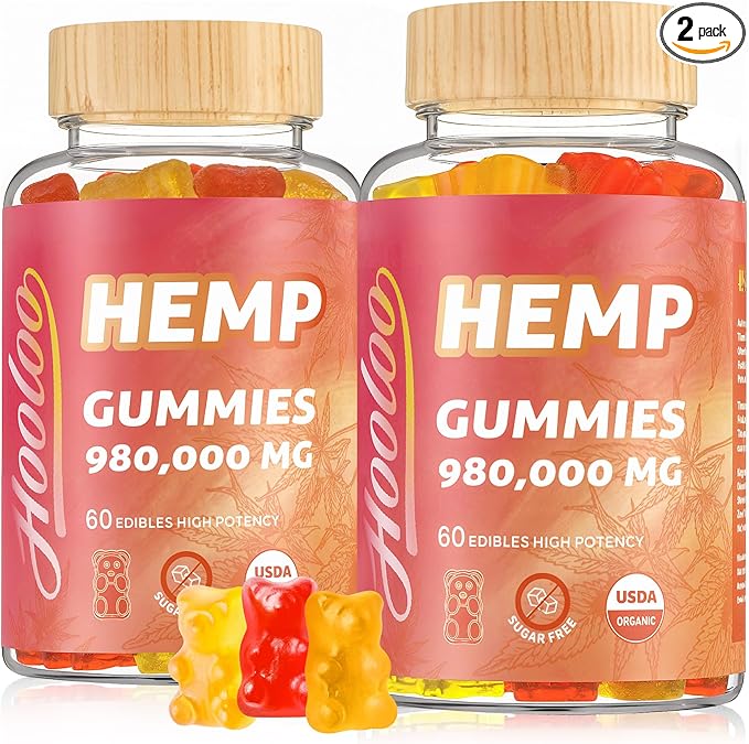 HOOLOO Hemp Gummies 980,000 Fruity, Bears Sugar Free Hemp Gummy for Adults, Made in USA