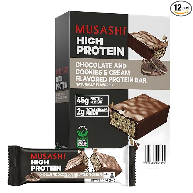 MUSASHI High Protein Bar, 45g Protein, 2g Total Sugars, Cookies & Cream, Post Workout and Protein Snack On The Go, 12 Pack of 3.2oz (90g) Bars