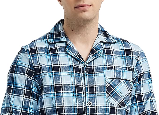 GLOBAL Men's Pajamas Sets 100% Cotton Flannel Sleepwear Long-Sleeve top & Bottom