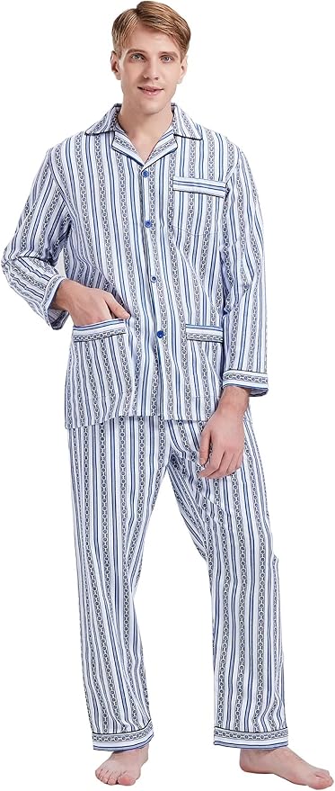 GLOBAL Men's Pajamas Sets 100% Cotton Flannel Sleepwear Long-Sleeve top & Bottom