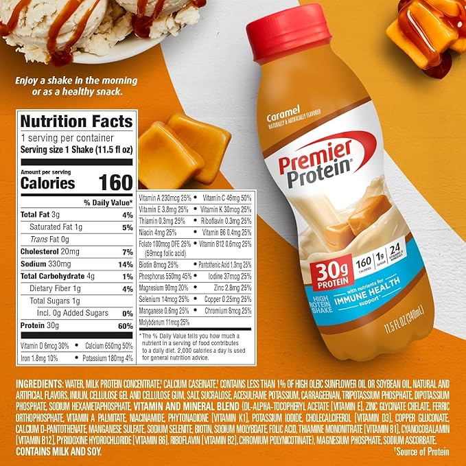 Premier Protein Shake, Caramel, 30g Protein 1g Sugar 24 Vitamins Minerals Nutrients to Support Immune Health, 11.5 fl oz (Pack of 6)