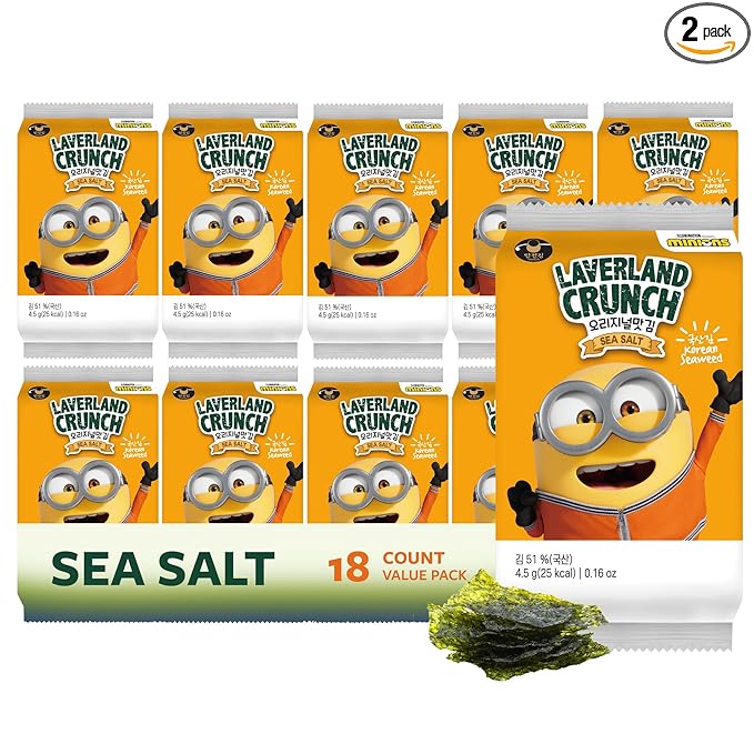 Laverland Crunch Minions Seaweed Snack Sea Salt Flavor 18 Count (2 Packs), Korean Roasted Seaweed, Low Calorie, Vegan and Keto friendly, Gluten Free.