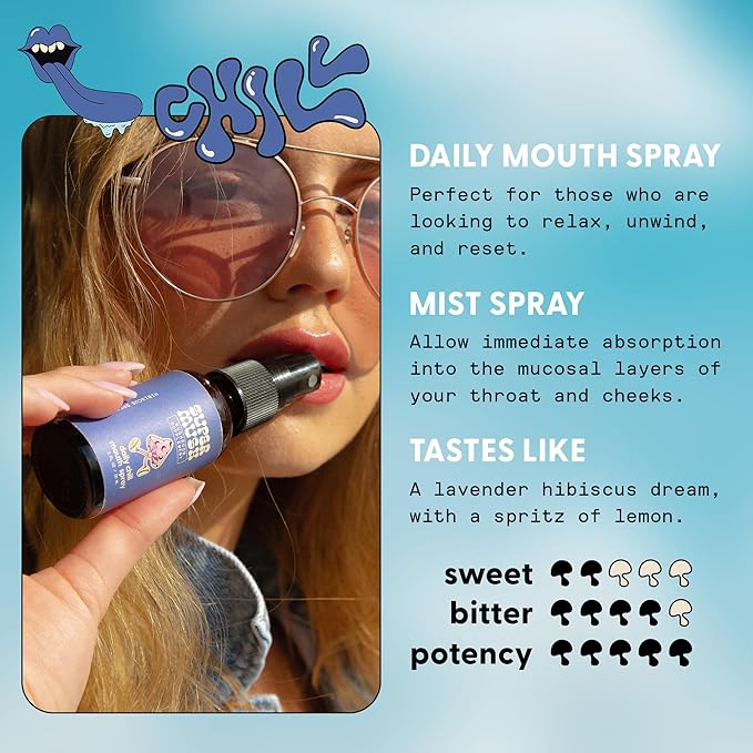 SuperMush Daily Chill Mouth Spray - Mushroom Spray Supplement Reishi - Hibiscus & Ashwagandha Mixed Mushrooms Extract Pure Liquid Sprays - Stress Relief, Relaxing & Calming - 30ml Organic Lion’s Mane