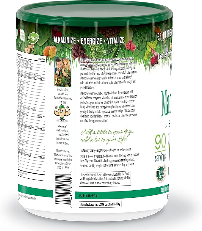 MacroLife Naturals Macro Greens Powder 38 Superfood Probiotic Antioxidant Enzyme & Herbal Supplement Immunity Energy Cleanse - Non-GMO Vegan Gluten-Free Dairy-Free (90 Servings)