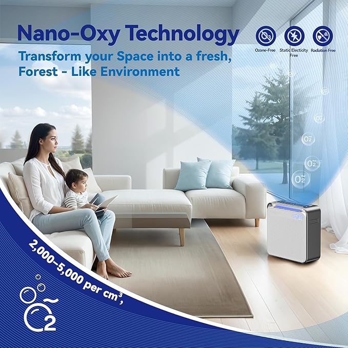 BURTRAN HEPA Air Purifier for Home,Nano-OxyโขHEPA14,up to 1,360 ftยฒ/h, with air quality display, balanced 5-stage PM2.5 and TVOC filtration, eliminates 99.995% micro pollutants, Wi-Fi, 120V AC