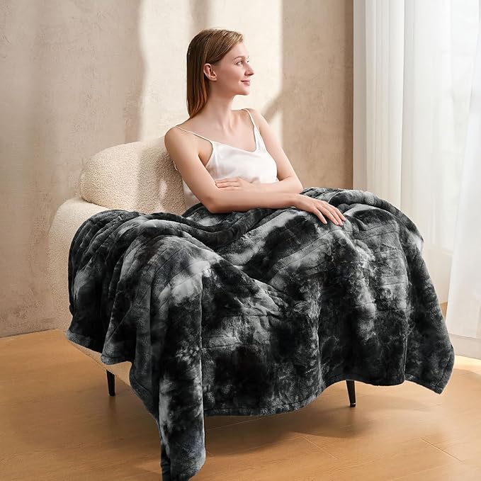 Electric Heated Blanket 84"x90",Luxury Black Faux Fur Electric Blanket ,Fast Heating Soft Fluffy Thick Electric Blanket with 10 Heating Levels & 12H Auto Off
